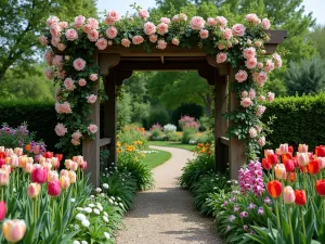 Cottage Garden Arbor - Aerial shot of a wooden arbor covered in climbing roses, with rembrandt tulips and foxgloves creating a cottage garden entrance. Gravel path leading through.