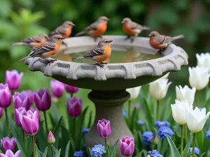 Cottage Garden Birdbath - Vintage stone birdbath surrounded by triumph tulips in purple and white, with cottage pinks and forget-me-nots. Garden birds visible perching on bath rim.