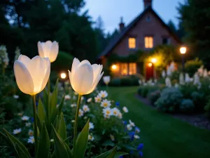 Cottage Garden Evening - Wide-angle twilight view of a cottage garden with white triumph tulips glowing in the evening light, surrounded by evening primrose and white foxgloves. Garden lanterns providing ambient lighting.