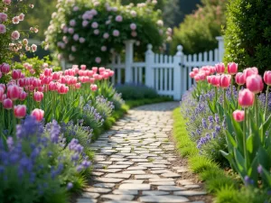 Cottage Garden Path with Mixed Tulips - A winding cobblestone path through a charming cottage garden, lined with pink and purple tulips, lavender, and forget-me-nots. White picket fence in the background with climbing roses. Soft morning light and natural atmosphere.