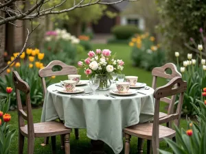 Cottage Garden Tea Setting - Intimate view of a vintage garden tea table set among viridiflora tulips, hellebores, and spring flowering shrubs. Vintage china and cottage garden styling.