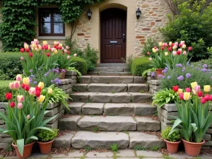 Cottage Garden Steps - Wide view of ancient stone steps leading to a cottage door, flanked by fringed tulips, creeping phlox, and vintage terracotta pots with more tulips.