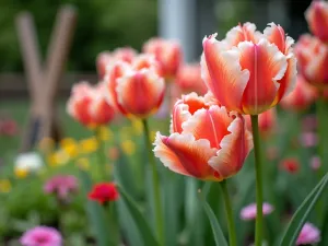 Cottage Garden Tulip Border Close-up - Close-up view of a cottage garden border with ruffled parrot tulips in coral and cream colors, interplanted with hardy geraniums and sweet alyssum. Soft bokeh effect with vintage garden tools in background.