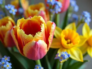 Cottage Garden Tulip Mix - Close-up shot of a cottage garden mixture featuring frilly parrot tulips, trumpet daffodils, and forget-me-nots creating a loose, natural arrangement