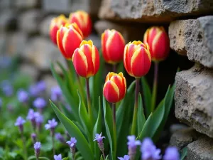 Cottage Garden Stone Wall - Close-up of lily-flowered tulips emerging from crevices in an old stone wall, with aubrieta and saxifrage creating a cottage garden feel. Morning dew visible on flowers.