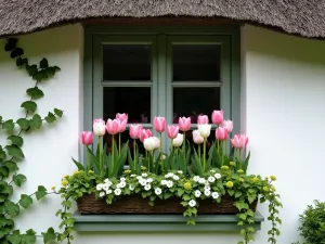 Cottage Window Box Display - Charming window box beneath a cottage window filled with double late tulips in soft pink and white, trailing ivy, and primroses. Traditional thatched roof visible above.