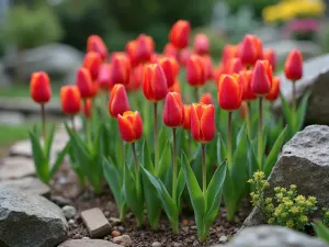 Dwarf Tulip Rock Garden - Close-up of charming species tulips and other dwarf varieties nestled among rocks and alpine plants, showing how shorter tulips can be used in rock gardens