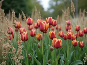 Earth Tone Harmony - Wide view of a natural-style garden featuring copper, bronze, and coffee-colored tulips mixed with ornamental grasses, creating a subtle, sophisticated palette