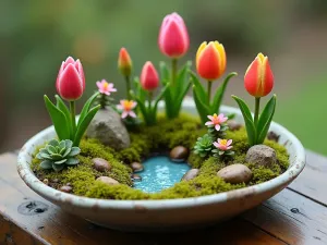 Fairy Garden Tulips - Whimsical miniature garden scene in a large shallow bowl with tiny species tulips, moss, and miniature garden accessories