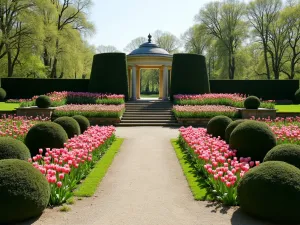 Formal Stepped Garden - Wide shot of a formal stepped garden with alternating levels of pink tulips and perfectly trimmed boxwood spheres, leading to a classical pavilion