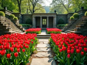 Formal Sunken Garden - Wide-angle shot of a sunken formal garden with deep red tulips in geometric beds, surrounded by stone walls and accessed by symmetrical staircases