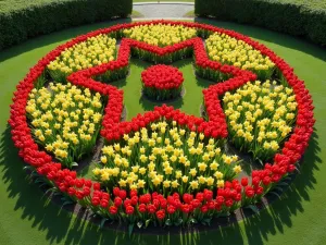 Formal Tulip Parterre - Symmetrical parterre garden design with precisely planted red tulips and yellow daffodils in intricate patterns, viewed from above