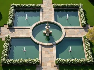 Formal Water Garden - Bird's eye view of a cross-shaped formal water garden with white tulips lining the edges, featuring four rectangular pools meeting at a central circular fountain