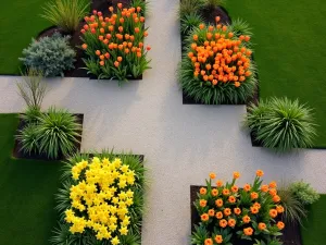 Modern Geometric Tulip Beds - Aerial view of contemporary garden design featuring geometric beds filled with color-blocked orange tulips and yellow daffodils, separated by clean gravel pathways