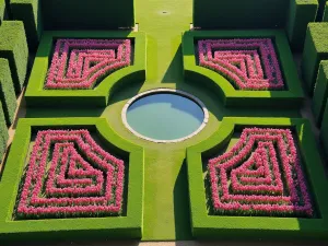 Geometric Tulip Parterre - Aerial view of a geometric parterre garden with intricate patterns formed by pink and purple tulips, enclosed by perfectly manicured yew hedges, centered around a circular water feature