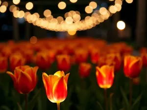 Glowing Tulip Garden Room - Close-up of orange and red tulips illuminated by hidden ground lights, creating a warm, intimate garden room effect. String lights overhead create a ceiling of twinkling stars.