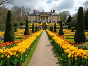 Grand Estate Tulip Display - Wide-angle shot of a formal estate garden with terraced levels, featuring thousands of yellow and orange tulips in precise rectangular beds, classical stone balustrades, and perfectly trimmed topiary