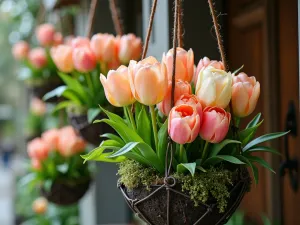 Hanging Basket Tulips - Unique aerial view of hanging wire baskets lined with moss and filled with cascading double tulips in shades of peach and cream