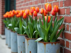 Industrial Chic Containers - Wide shot of repurposed metal industrial containers planted with orange and black tulips, arranged against a brick wall