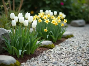 Japanese-Inspired Tulip Garden - Zen-like garden composition with white tulips and miniature daffodils arranged in clean lines alongside raked gravel and moss-covered stones