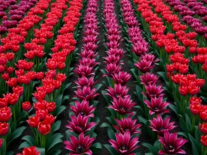 Jewel Tone Tapestry - Aerial view of a rectangular bed filled with deep ruby red, emerald green foliage, and rich purple tulips creating a luxurious jewel-toned pattern