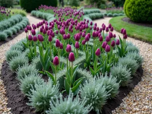 Knot Garden with Tulips - Close-up view of an intricate Tudor-style knot garden pattern created with deep purple tulips and silver-leaved artemisia, surrounded by gravel paths