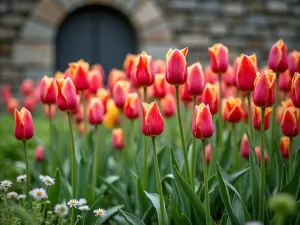 Layered Tulip Garden Heights - A garden design showcasing tulips planted in graduated heights, from dwarf species in front to tall Darwin tulips in back, creating a natural stadium effect against a stone wall. Photorealistic, soft natural lighting