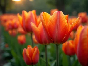 Lily-flowered Tulip Border - A sweeping curved border of elegant lily-flowered tulips in sunset colors, their pointed petals creating movement in the evening breeze