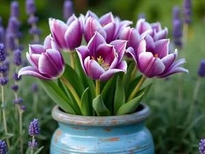 Mediterranean Style Container - Close-up of a large weathered blue ceramic pot with lily-flowered tulips in deep purple and white, surrounded by lavender plants