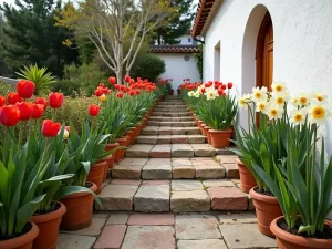 Mediterranean Tulip Terrace - Wide-angle view of a terraced garden with terra cotta pots filled with red tulips and white daffodils against a whitewashed wall, Mediterranean style