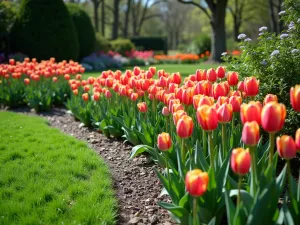 Mixed Height Border Design - Wide angle view of a curved garden border featuring tulips of varying heights, from 6-inch mini tulips to 24-inch triumph varieties, complemented by spring groundcover