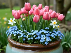 Mixed Spring Container - Close-up view of a large glazed ceramic pot featuring pink tulips mixed with forget-me-nots and white daffodils, creating a lush spring combination