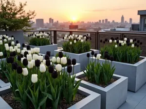 Modern Tulip Container Garden - A contemporary rooftop garden featuring geometric concrete planters filled with striking black and white tulips, photographed from above during sunset