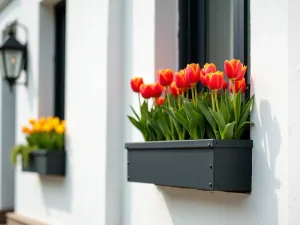 Modern Window Box Tulips - Sleek black metal window boxes mounted on white walls, filled with vibrant red and yellow tulips, architectural and contemporary design perspective