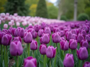 Monochromatic Purple Dream - Wide angle view of a terraced garden featuring different shades of purple tulips, from deep violet to light lavender, creating a sophisticated monochromatic display