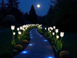 Moonlit Tulip Garden Path - A winding garden path illuminated by soft uplighting, lined with glowing white tulips and blue LED ground lights, creating a magical nighttime garden scene. The tulips appear to glow in the moonlight, with a full moon visible in the background.