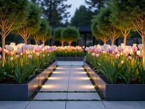 Moonlit Tulip Terrace - Wide-angle view of a modern terrace garden with illuminated white and pink tulips in raised beds, featuring contemporary steel planters and minimalist lighting design.