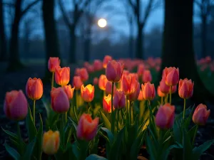 Moonlit Tulip Woodland - Wide-angle shot of naturalized tulips in a woodland setting, with moonlight filtering through trees and subtle ground lighting highlighting the flowers.