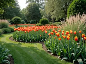 Natural Height Distribution - Wide angle view of a naturalistic garden where tulips of varying heights are planted in drifts among ornamental grasses, mimicking their natural growing pattern