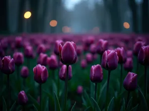 Night Garden Tulip Forest - Dense planting of tall purple and black tulips photographed from ground level, backlit by soft garden lights creating a mysterious forest-like atmosphere.