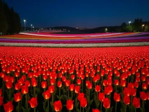 Night Garden Tulip Vista - Panoramic view of a vast tulip garden at night, with layers of illuminated flowers creating waves of color, captured from an elevated viewpoint.