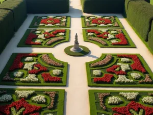 Palace Garden Tulips - Aerial view of a palace garden featuring mirror-image beds of red and white tulips, elaborate box parterres, and gravel paths radiating from a central statue