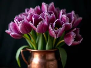 Parrot Tulip Display - A dramatic close-up of frilly parrot tulips in deep purple and green, arranged in a vintage copper container against a dark background