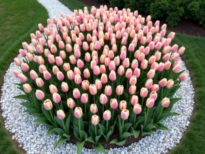 Pastel Tulip Symphony - Aerial view of a circular garden bed filled with soft pastel tulips in blush pink, cream, and light lavender, creating a gentle swirling pattern, surrounded by white gravel paths