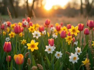 Prairie-Style Tulip Meadow - Natural-looking meadow garden with mixed species tulips and wild daffodils scattered among ornamental grasses, captured in golden evening light