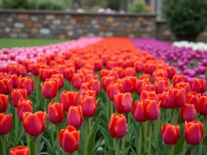 Rainbow Tulip Border Design - A sweeping garden border filled with carefully arranged rows of tulips in graduated colors from red to purple, creating a rainbow effect, photographed at eye level during peak bloom against a natural stone wall backdrop