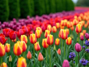 Rainbow Tulip Border - A vibrant garden border with graduated colors of tulips, starting with deep purples, transitioning through reds, oranges, yellows, and ending in soft pinks, photographed at eye level during full bloom against a neat green hedge background