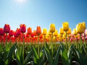 Rainbow Tulip Stripes - Straight parallel lines of different colored tulips creating a rainbow effect, viewed from a low angle with blue sky background