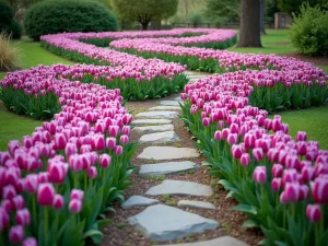 Ribbons of Tulips - Flowing ribbon-like patterns of purple and white tulips interweaving through a garden, wide-angle view with a stone path cutting through