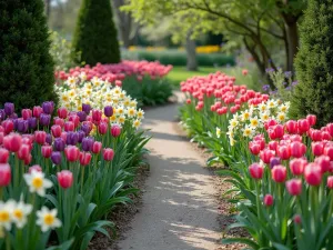 Romantic Path Through Tulips - Winding garden path with overflowing borders of pink and purple tulips mixed with white and yellow daffodils, creating a romantic walkway